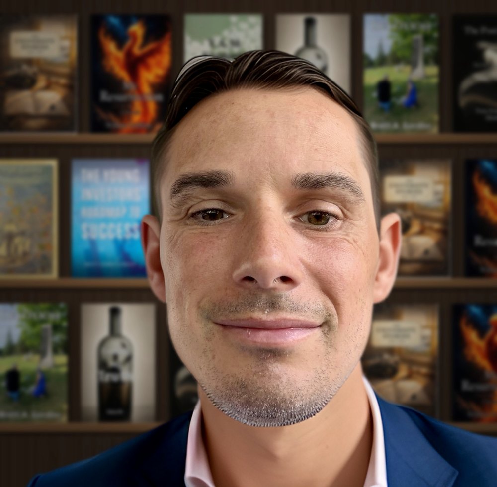 Brett Gordon in front of a wall of books he has published
